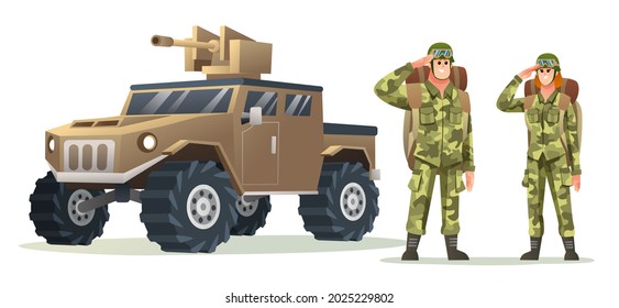 Male And Female Army Soldier Carrying Backpack Characters With Military Vehicle Cartoon Illustration