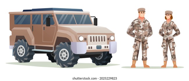 Male and female army soldier characters with military vehicle cartoon illustration