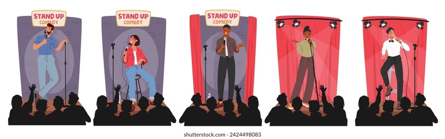 Male and Female Artist Characters Captivate The Audience With Witty Anecdotes, Clever Observations And Impeccable Timing, Delivering Hilarious Stand-up Comedy Show. Cartoon People Vector Illustration