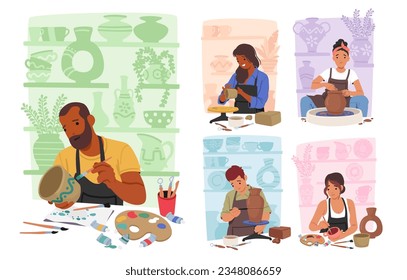 Male and Female Artist Characters Shaping Clay On Potter Wheels Or By Hand, Forming Beautiful Pottery Pieces Through Skillful Craftsmanship And Creative Designs. Cartoon People Vector Illustration