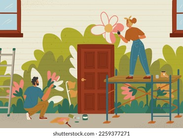 Male and female artist painting on wall vector