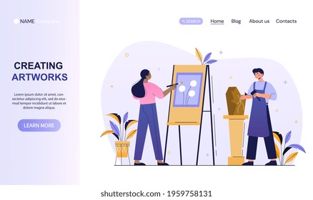 Male and female artists are creating artworks in studio together. Man and woman painting and sculpting at workshop. Website, web page, landing page template. Flat cartoon vector illustration