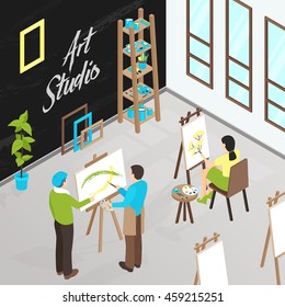 Male and female artists painting in art studio isometric vector illustration