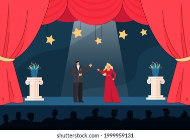 Male and female artists playing on stage in front of audience. Cartoon performers in evening dresses singing drama song flat vector illustration. Theater, opera, orchestra, music concept