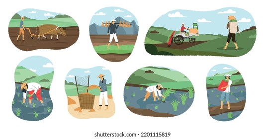 Male and female asian farmers ploughing and harvesting flat compositions set isolated vector illustration