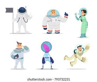 Male and female astronauts. Cartoon characters in action poses. Vector astronaut male and cosmonaut woman illustration