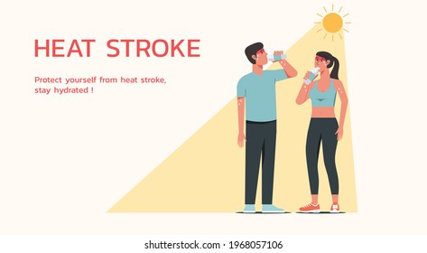 Male and female athlete character standing together in sunny weather in summer and drinking water to prevent heatstroke symptom, flat vector illustration