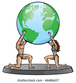 Male and Female Atlas supporting the world. With .eps, continents can easily removed.