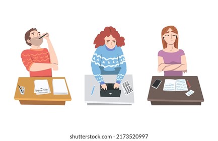 Male and female authors writing articles set. Freelance writers typing on laptop computer and writing on paper cartoon vector illustration