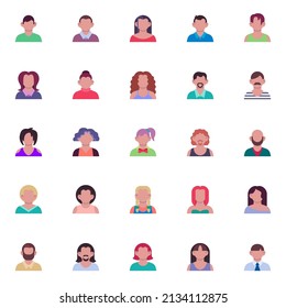 Male and female avatar collection, faceless people characters flat icons set, Colorful symbols pack contains - young men and women face, bearded guy, boy, girl . Vector illustration. Flat style design