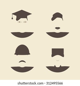 Male and female avatar faces. Construction worker and soldier. Nurse and graduate student. Flat style  design template monochrome vector illustration.