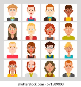 Male and female avatar set. Vector illustration. Hair, glasses and earrings are isolated and interchangeables.