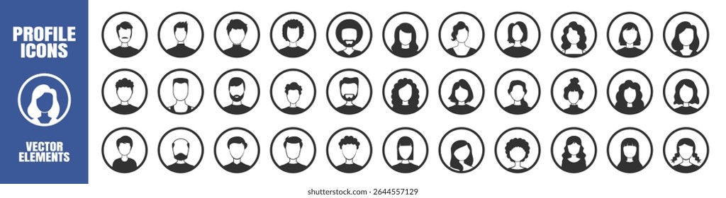Male and Female Avatar Silhouettes. Anonymous Profile Icons of Diverse People. Black and White Vector Set on Transparent Background
