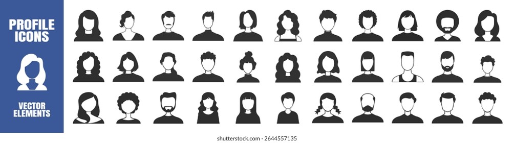 Male and Female Avatar Silhouettes. Anonymous Profile Icons of Diverse People. Black and White Vector Set on Transparent Background
