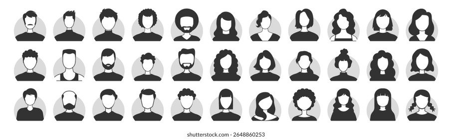 Male and Female Avatar Silhouettes. Anonymous Profile Icons of Diverse People. Black and White Vector Set on Transparent Background
