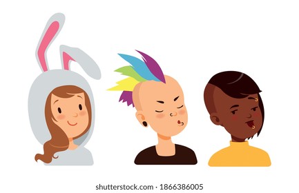Male and Female Avatars with Different Hairstyle and Makeup Vector Set