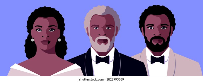 Male and female avatars, full face portraits of Africans. Beautiful woman in evening dress and two elegant men, old and young, in tuxedo and bow tie. Vector illustration