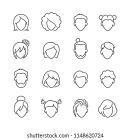 Male and female avatars icons: thin vector icon set, black and white kit
