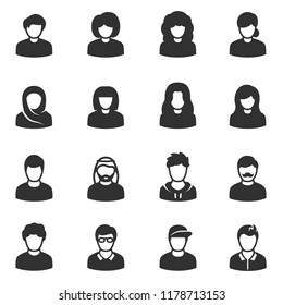 Male and female avatars, monochrome icons set. Peoples, simple symbols collection