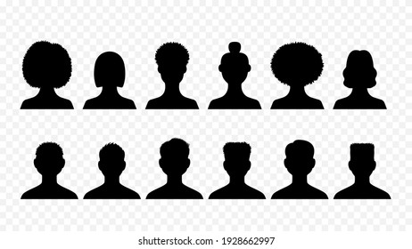 Male and female avatars silhouettes isolated set. Black outlines young people with trendy hairstyles of various ethnic groups for users social networks and web vector sites.