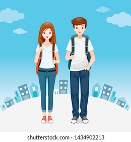 Male And Female Backpackers Traveller Standing Together, Town Background, Voyage, Vacationing