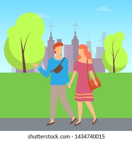 Male and female with bag or sack, people on walk, summertime or spring, trees and houses. Vector couple man and woman walking together holding hands