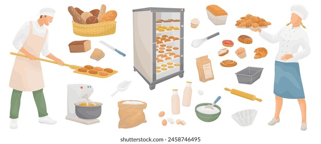 male and female baker in uniform and set elements about baking - bread, flour, electric bread oven, eggs, milk, croissant, donuts, baked goods, dough mixer, bowls