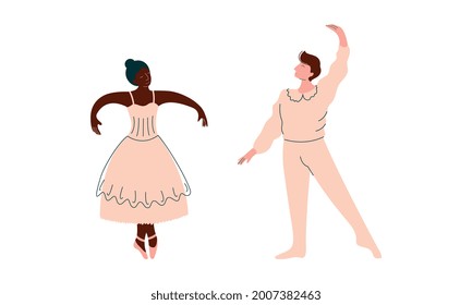 Male and Female Ballet Dancer in Pointe Shoes Dancing Vector Set