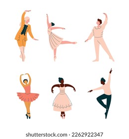 Male and Female Ballet Dancer in Pointe Shoes Dancing Vector Set