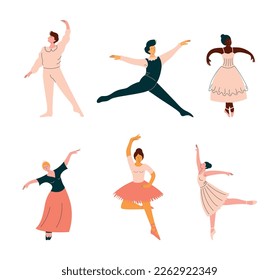 Male and Female Ballet Dancer in Pointe Shoes Dancing Vector Set