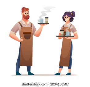 Male and female barista characters carrying coffee