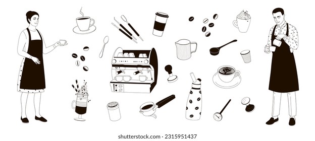 male and female barista making coffee and set equipment tools for barista and making coffee, black and white vector illustration