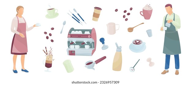 male and female barista making coffee and set equipment tools for barista and making coffee 