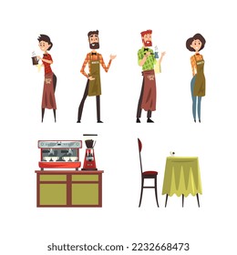Male and female barista set. Coffee house or shop staff characters in uniform cartoon vector illustration