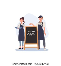 Male and female barista is standing at the back of welcome wood sign. 'we are open' . Coffee shop. Flat vector illustration