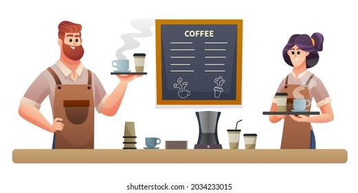 Male and female baristas carrying coffee at coffee shop illustration