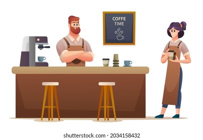 Male and female baristas working at coffee shop illustration