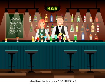 Male and female bartenders vector background. Bar vector illustration