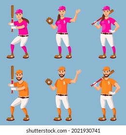 Male and female baseball players. Man and woman in cartoon style.