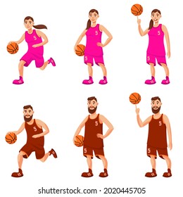 Male and female basketball players. Man and woman in different poses.