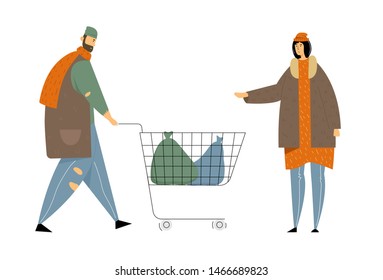 Male and Female Beggars Characters Wearing Ragged Clothing Pick Up Garbage on Street to Shopping Cart, Homeless Adult Poor People, Bums Begging Money and Need Help, Cartoon Flat Vector Illustration