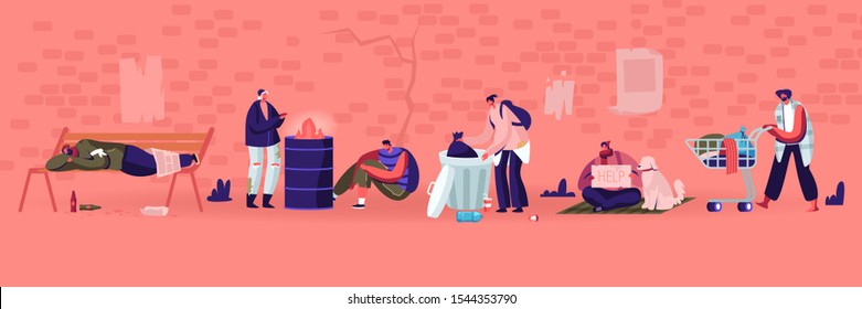Male and Female Beggars Characters Wearing Ragged Clothing Pick Up Garbage on Street to Shopping Cart, Homeless Adult Poor People, Bums Begging Money and Need Help Cartoon Flat Vector Illustration