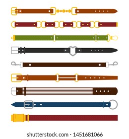 Male and female belts flat illustrations set. Fashionable unisex accessory isolated cliparts pack. Leather and textile color belts for men and women. Clothes items, garment, apparel design elements