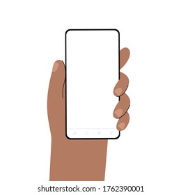 Male or female black hand with new smartphone. Template or blank white screen for advertising application and any information. Flat vector illustration.