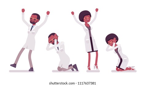 Male and female black scientist in different emotions. Expert of physical, natural laboratory in white coat. Science and technology. Vector flat style cartoon illustration isolated on white background