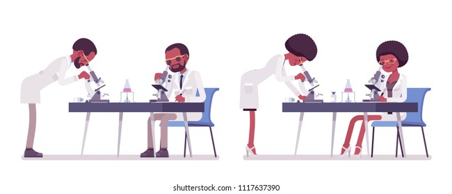 Male, female black scientist with microscope. Expert of physical, natural laboratory in white coat at research. Science, technology. Vector flat style cartoon illustration isolated, white background