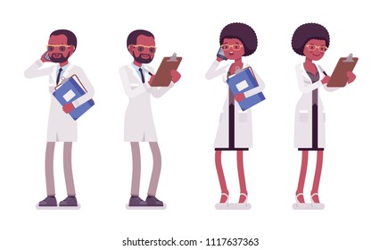 Male and female black scientist standing. Expert of physical, natural laboratory in white coat. Science, technology. Vector flat style cartoon illustration isolated, white background, front, rear view