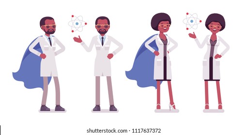 Male and female black scientist with symbols. Expert of physical, natural laboratory in white coat. Science and technology concept. Vector flat style cartoon illustration isolated on white background