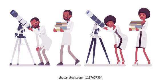 Male and female black scientist with telescope. Successful expert of physical, natural laboratory in white coat. Science, technology. Vector flat style cartoon illustration isolated, white background