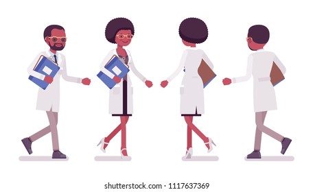 Male and female black scientist walking. Expert of physical, natural laboratory in white coat. Science, technology. Vector flat style cartoon illustration isolated, white background, front, rear view